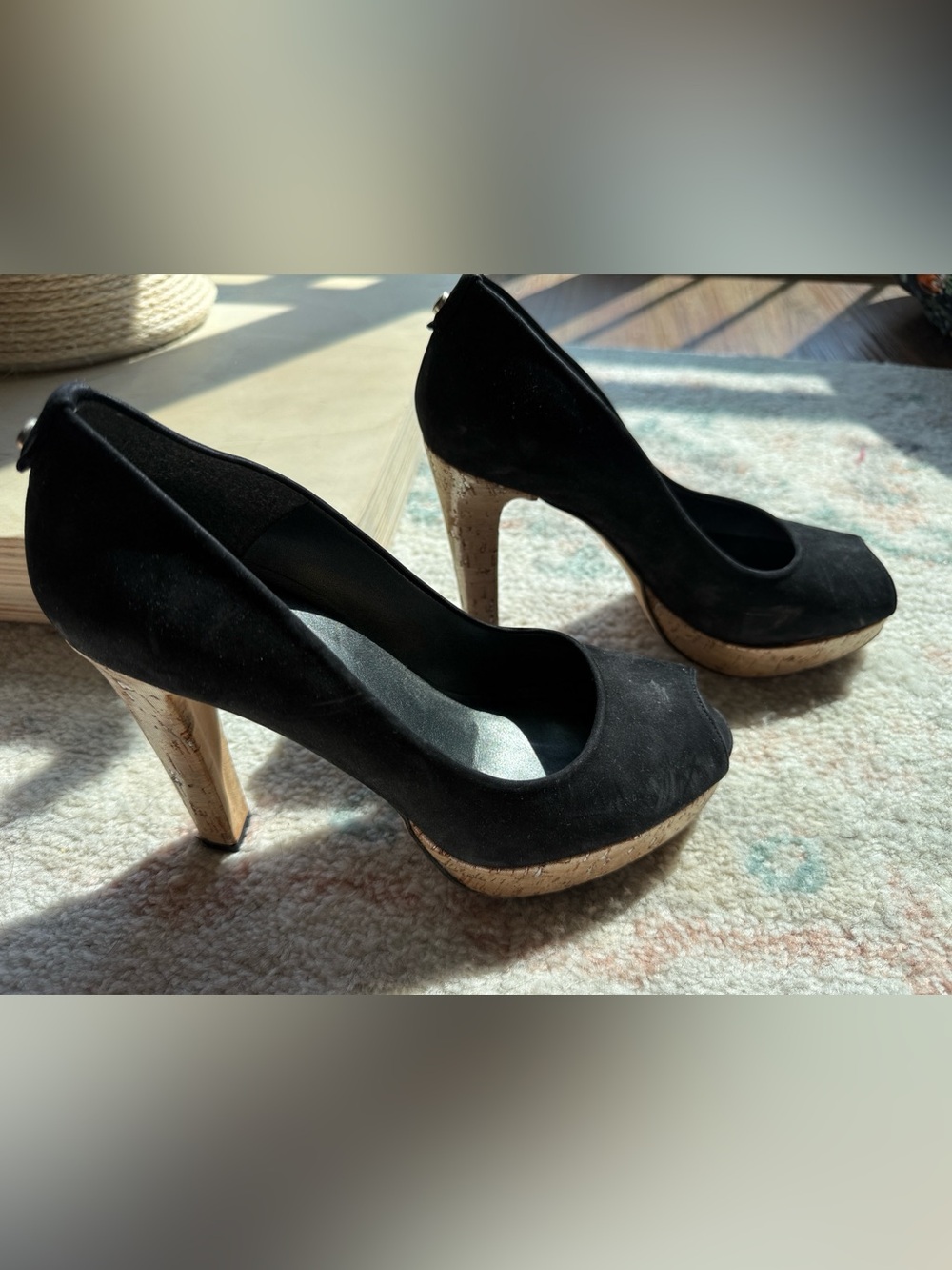 Stuart Weitzman Black Suede Peep-Toe Platform Pumps with Shimmer Cork-Look Sole